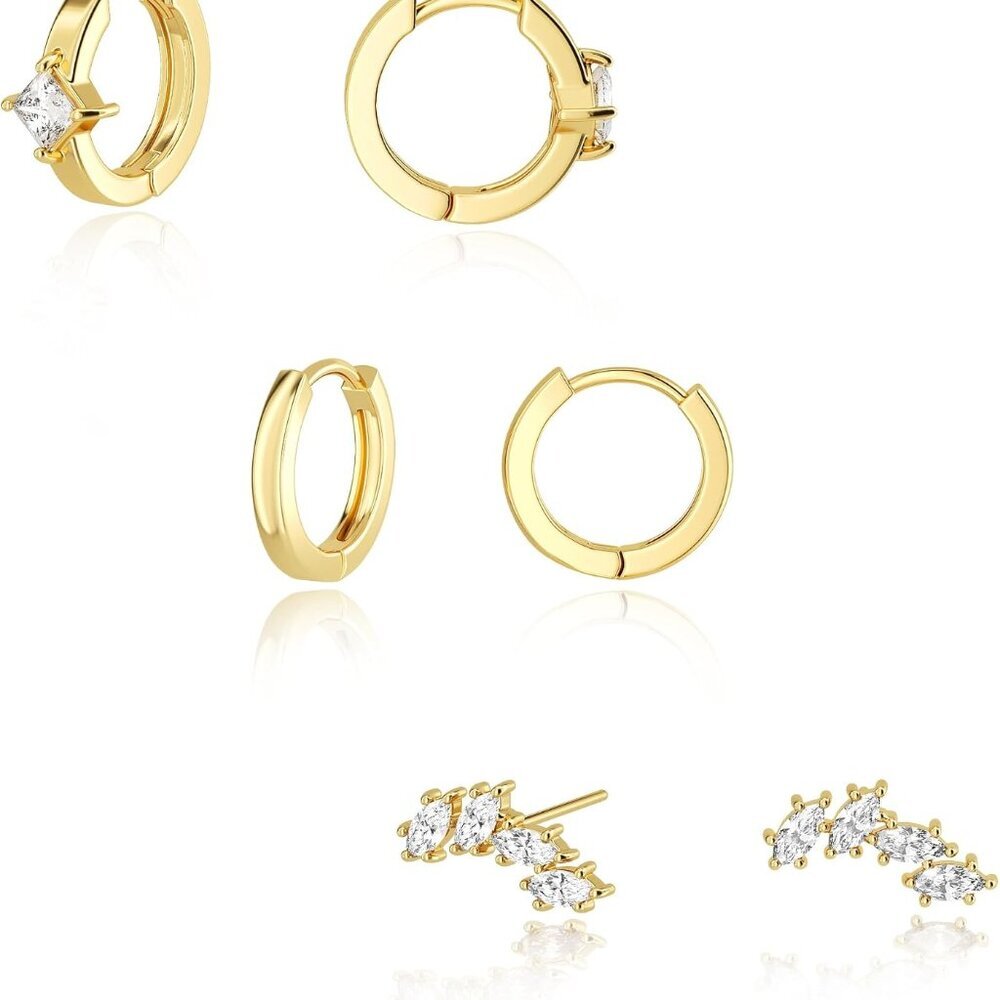3 Pairs Gold Hoop Earrings Set: Dainty Stud Earrings Trendy Small 14K Gold Plate